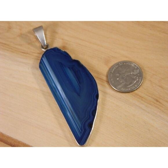 Sterling Silver Blue Agate Slice Pendant, Vintage Blue Stone Pendant - Picture 3 of 6